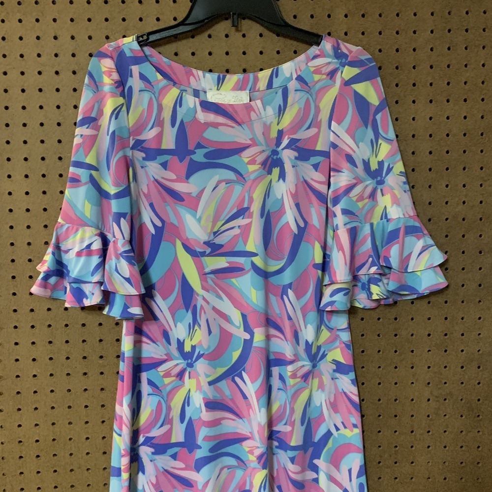 Preppy Pastel Pappagallo Shift Dress Small Pink Blue Floral Ruffle Bell Sleeve
